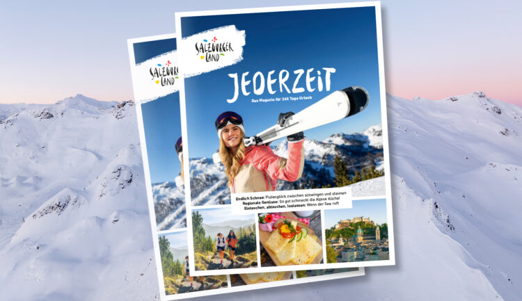 Ein Titelblatt der Zeitschrift „Jederzeit“ mit einer Frau auf Skiern, hinter ihr Bergpanoramen, Speisen und Sehenswürdigkeiten.