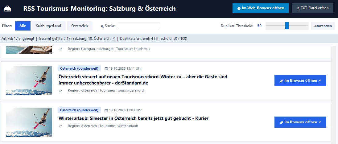 Eine Weboberfläche, die eine Liste von Nachrichtenartikeln zum Thema Tourismus in Österreich anzeigt, darunter Schlagzeilen zum Thema Winterreisen.